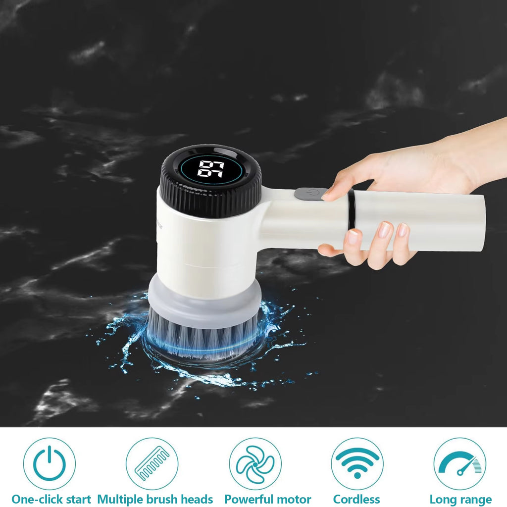 Electric Cleaning Brush, Cordless Cleaning Brush with 5 Cleaning Heads, 3 Adjustable Speeds, LED Display Cleaning Brush